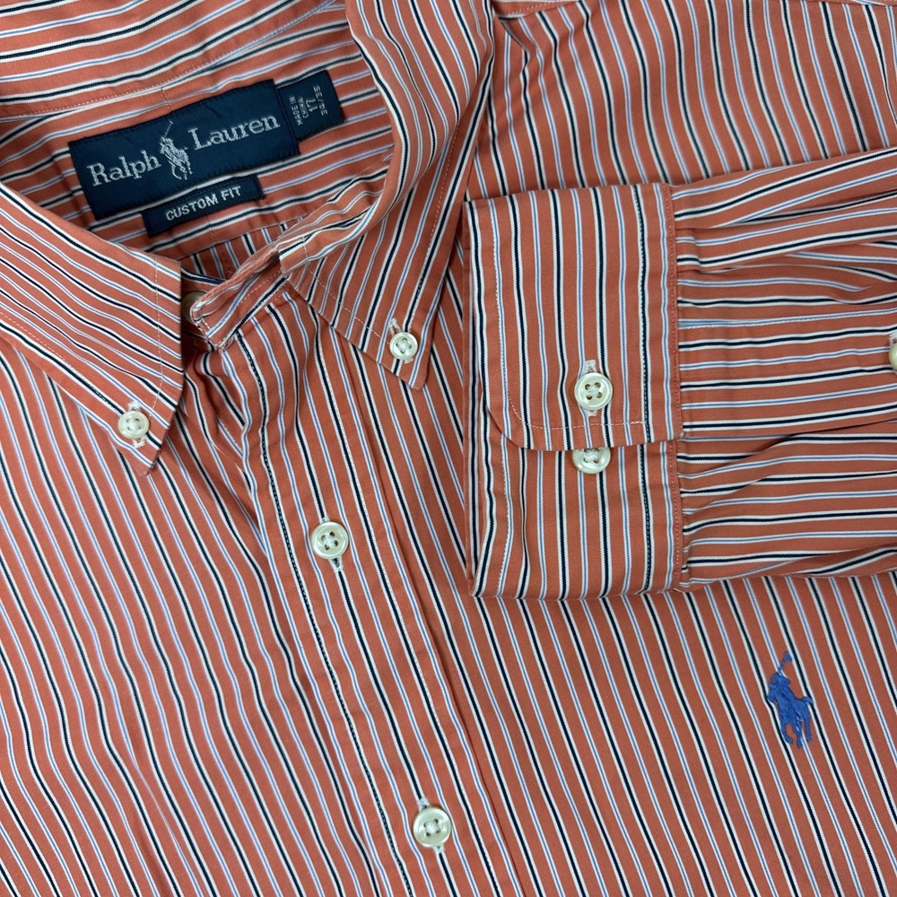 Polo Ralph Lauren Button Down Mens‎ 17 34/35 Orange Stripe Custom Fit L/S Oxford